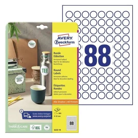 Avery 6222-10 Ø 20 mm, A4, Hvid Brug Avery 6222-10 Runde produkt etiketter til permanent mærkning for maksimal effekt på produkter og tilbud. Køb her