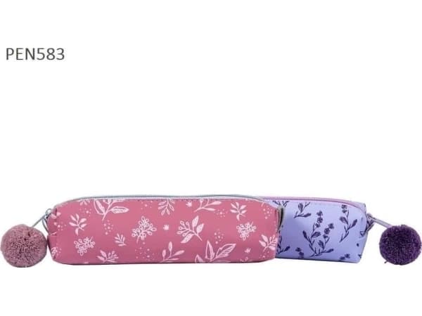 Ettkammer pennal med pompong Flowers MIX