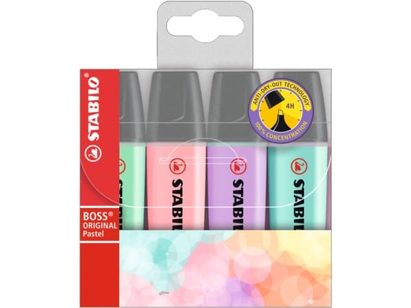 Highlighter, Stabilo Boss Original, pastel, ass.farver, pakke a 4 stk