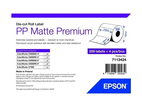 Epson Premium - Polypropylen (PP) - matt - permanent akryl-adhesiv - 105 x 210 mm 1036 etikett(er) (4 rull(er) x 259) stanseskårne etiketter