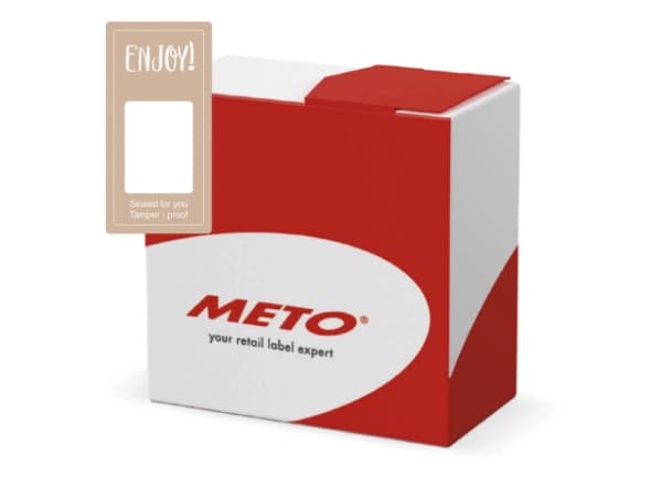 Forseglingsetiket MetoClosure Enjoy! 50x100mm brun m/sikkerhedssnit 500stk/rul