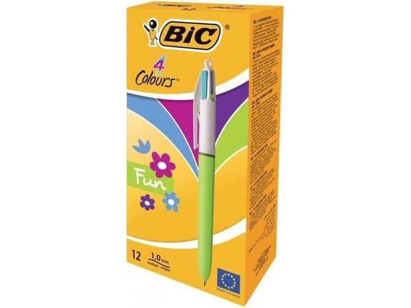 BIC 4 Colours, Klämma, Fastklämbar, indragbar kulspetspenna, Grön, Rosa, Lila, Turkos, 12 styck, Medium