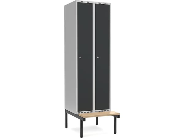 VaatekaappiKaappi 3x300mm, jossa suora katto, antrasiittinen ovi sylinterilukolla ja penkkiistuin