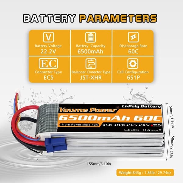 LiPo Batteri, Høj Kapacitet, Flere Forbindelser, 6s 6500mAh 60c Xt90