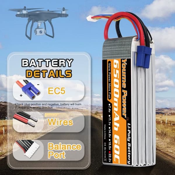 LiPo Batteri, Høj Kapacitet, Flere Forbindelser, 6s 6500mAh 60c Xt90