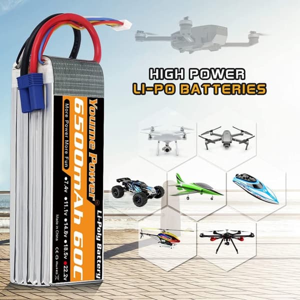 LiPo Batteri, Høj Kapacitet, Flere Forbindelser, 6s 6500mAh 60c Xt90