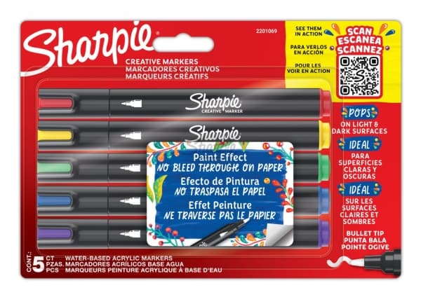 Sharpie 2201069, 5 styck, Blå, Grön, Röd, Violett, Gul, Rundad spets, Svart, Blåsa