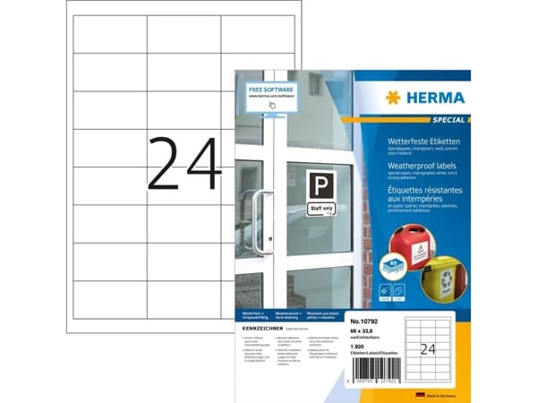 HERMA 10792, Hvit, Rektangel, 66 x 33.8 mm, Universell, Papir, Laser/Blekkskriver