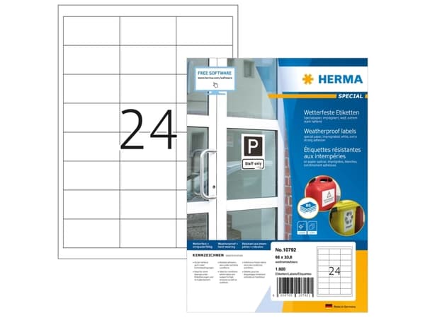 HERMA 10792, Hvit, Rektangel, 66 x 33.8 mm, Universell, Papir, Laser/Blekkskriver