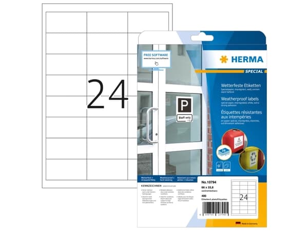 HERMA 10794, Hvit, Rektangel, Permanent, A4, Universell, Papir