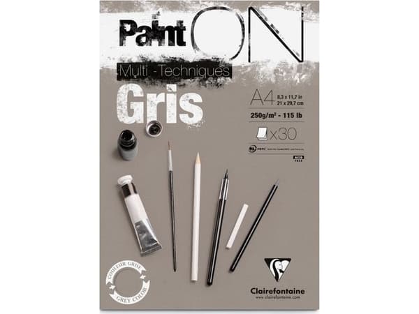 Paint-On Blok A4 250gram 30 ark gråt papir, multi teknik, toplimet
