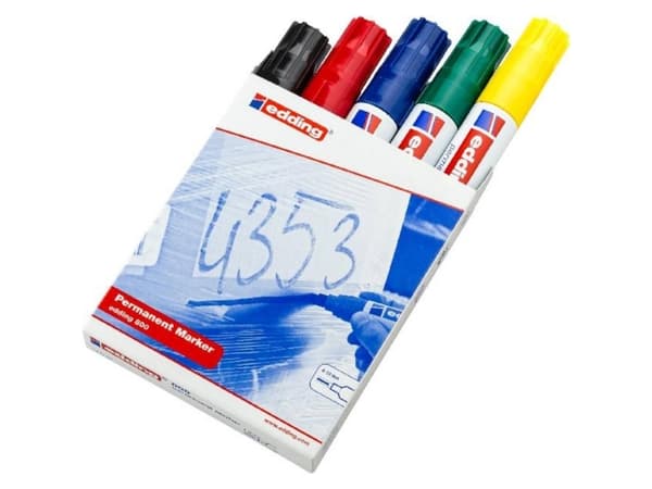 Edding 800, Svart, Blå, Grön, Röd, Gul, Mejselspets, Gjuten aluminium, 4 mm, 1,2 cm, Kartong, Glas, Läder, Metall, papper, Plast, Trä