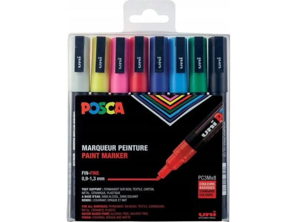 Paintmarker uni-ball posca pc-3m, 0,9-1,3 mm, förpackning med 8 färger