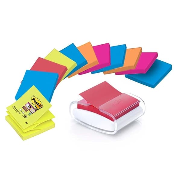 Post-it® Z-Notes PRO dispenser + 12 Super Sticky Z-Notes blokke, 76 mm x 76 mm