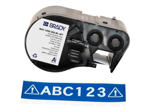 Brady - Vinyl - blank - permanent aggressivt akryllim - 102 mikroner - hvitt på blått - Rull (2,54 cm x 7,62 m) 1 kassett(er) etikettmagasin