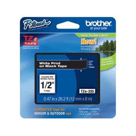 Bror | 335 | Laminerad tejp | Termisk | Vitt på svart | Rulle (1,2 cm x 8 m)