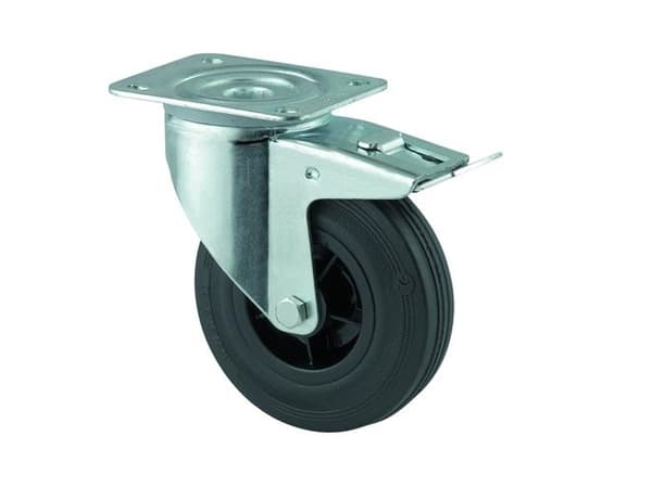Drejeligt hjul m/ bremse, sort massiv gummi, Ø125 mm, 100 kg, rulleleje, med plade Byggehøjde: 155