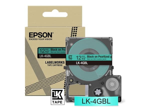 Epson LabelWorks LK-4GBL - Svart på grön pärlemor - Rulle (1,2 cm x 9 m) 1 kassett(er) hängande låda - bandpatron - för LabelWorks LW-C410, LW-C610