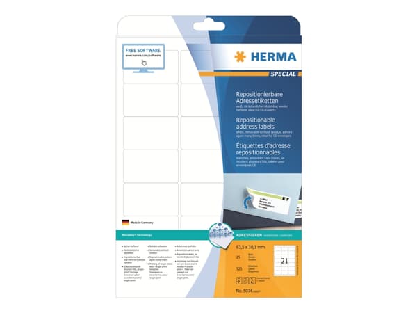 HERMA Adhesive labels white A4 Movables 63,5x38,1 525 pcs, Valkoinen, 63,5 mm, 38,1 mm, 525 kpl, 25 arkkia