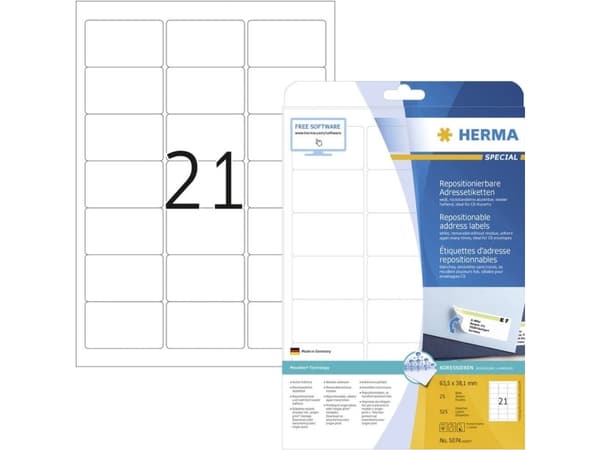 HERMA Adhesive labels white A4 Movables 63,5x38,1 525 pcs, Valkoinen, 63,5 mm, 38,1 mm, 525 kpl, 25 arkkia