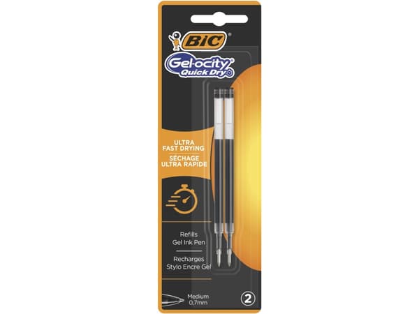 BIC Gel-ocity Patroner med Hurtigtørrende Gelblæk og Medium Spids (0,7 mm) – Sort, 2 stk. i Plastemb - (20 stk.)