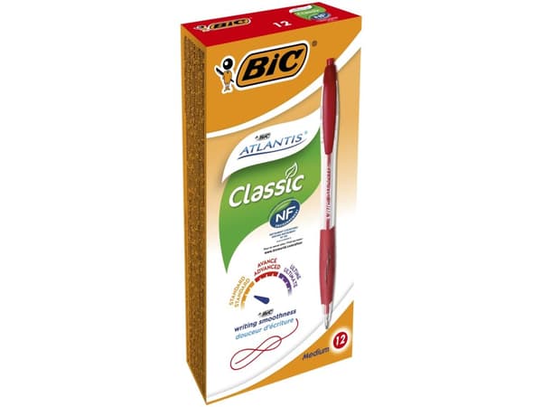 BIC Atlantis Classic, Klämma, Indragbar kulspetspenna med vridfunktion, Röd, 12 styck, Medium