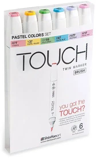 Touch Brush Marker 6stk pastel farver, pensel + medium kantet spids - Perfekt til Cozy Coloring