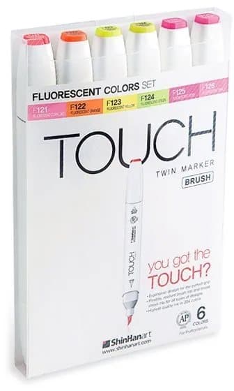 Touch Brush Marker 6stk Fluo farver, pensel + medium kantet spids - Perfekt til Cozy Coloring