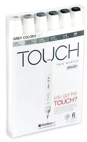 Touch Brush Marker 6stk grå farver, pensel + medium kantet spids - Perfekt til Cozy Coloring