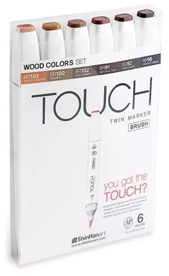 Touch Brush Marker 6 st träfärger, pensel + mediumkantad spets