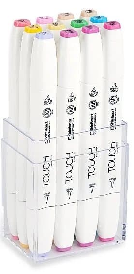 Touch Brush Marker 12stk pastel farver, pensel + medium kantet spids - Perfekt til Cozy Coloring
