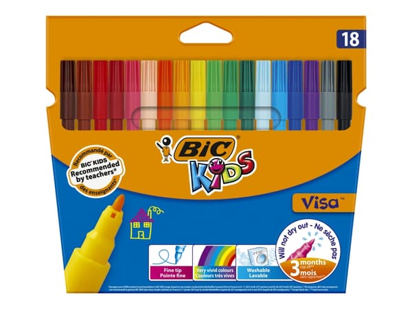 BIC KiDS Visa - Fiberspetspenna - icke-permanent - blandfärger - vattenbaserat bläck - 0.9 mm - fin (paket om 18)
