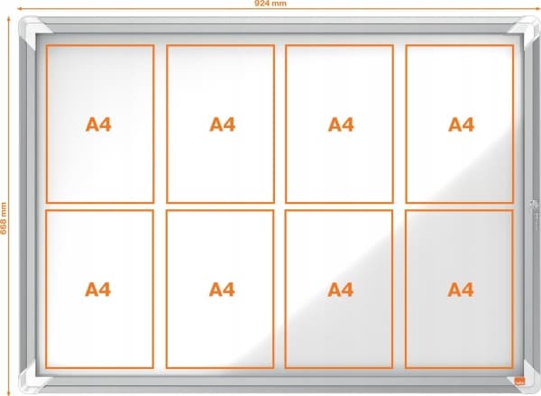 Nobo - Innbygd oppslagstavle - veggmonterbar - 8 x A4 - metall - magnetisk - utendørs - hvit