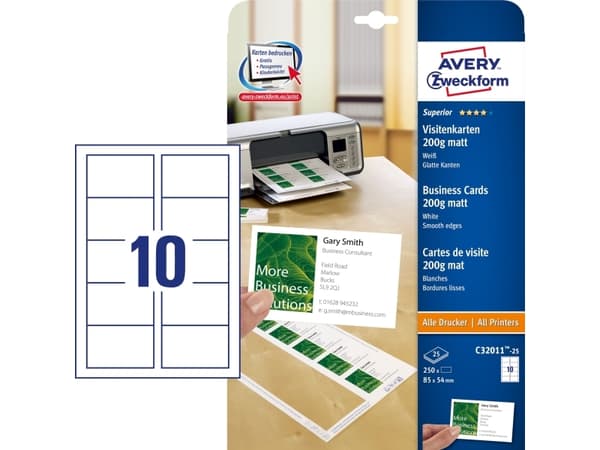 Avery C32011-25, Valkoinen, Suorakulmio, Kartonki, 200 g/m², Laser/Inkjet, 8,5 cm