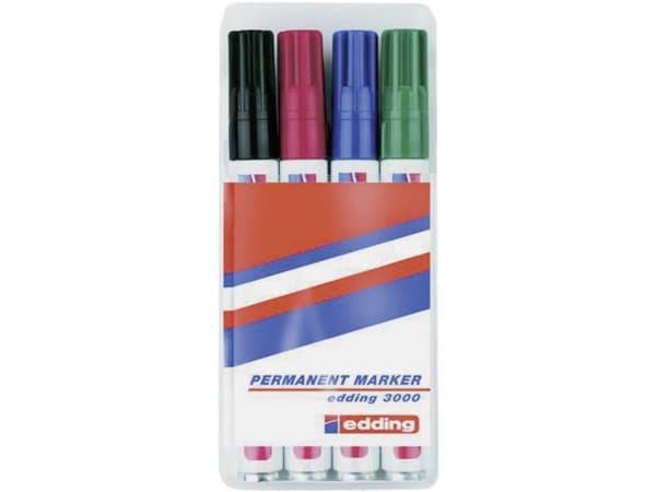 edding 3000 - Markering - permanent - svart, röd, blå, grön - 1.5-3 mm (paket om 4)