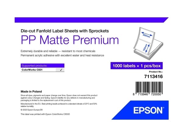 Epson Premium - Polypropylen (PP) - matt - permanent akryl-adhesiv - 203 x 152 mm 1000 etikett(er) (1 ark x 1000) boks - støpekuttet siksakfalsete et