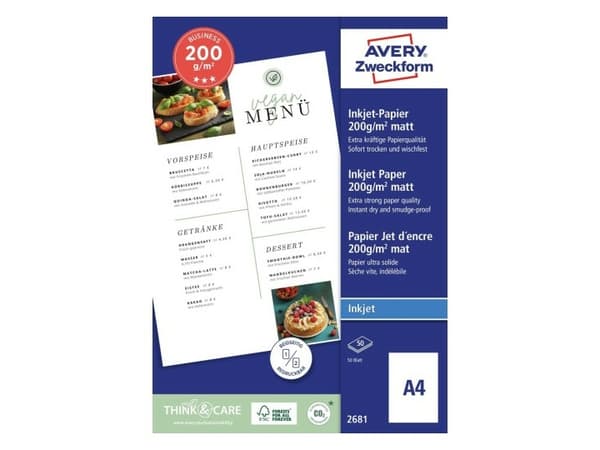 Avery 2681, Mätt, 200 g/m ^, Bläckstråleskrivare, A4, Vit, 50 ark