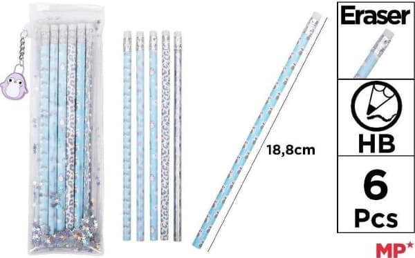 Set med blyertspennor med suddgummi i Frosty etui