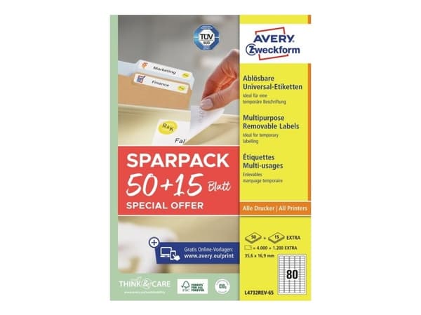 Avery L4732REV-65, Vit, Självhäftande skrivaretikett, A4, papper, Laser/bläckstråleskrivare, Lösa