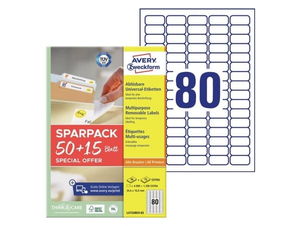 Avery L4732REV-65, Vit, Självhäftande skrivaretikett, A4, papper, Laser/bläckstråleskrivare, Lösa