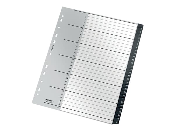 Leitz 12180000, Numeroitu välilehtihakemisto, Polypropeeni (PP), Musta, Valkoinen, Muotokuva, A4, 160 g/m²