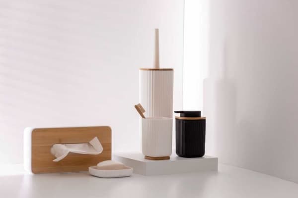 WENKO Rotello, Toalettborste och hållare, Vit, Bamboo, Plast, 360 mm, 10 cm, 7,5 cm