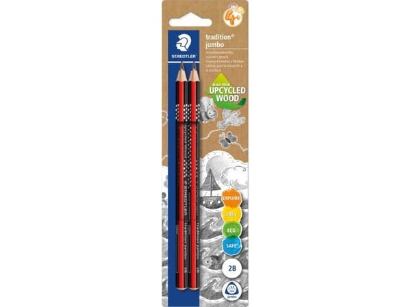 Staedtler 1285-0 BK2, 2B, Sort, Rød, Trekantet, 3 mm, 2 stk, PEFC