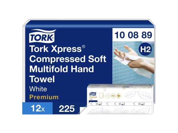 Håndklædeark Tork Premium H2 Z-Fold 2-lag kompr. L24xB21.2xD8cm Nyfiber FSC Hvid,12 pk x 225 stk/krt
