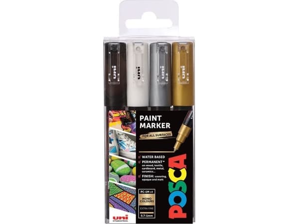 POSCA PC-1M, Sort, Gull, Sølv, Hvit, Flerfarget, 4 farger, Ekstra fin, 0,7 mm, 1 mm