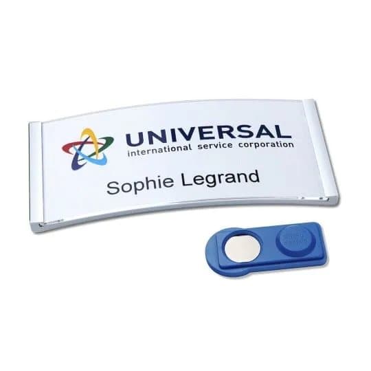 Navneskilt Badgepoint® 80x34 mm, Polar® Classic 35 Medarbejderskiltesæt, skilte med rustfri stålramme, akrylglas og printbare indstik - 10 skilte ink