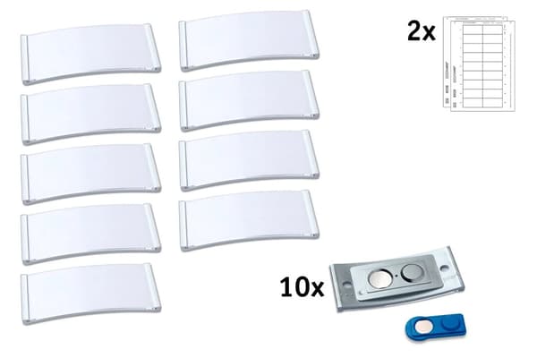 Navneskilt Badgepoint® 70x30 mm, Polar® Medarbejderskiltesæt, skilte med rustfri stålramme, akrylglas og printbare indstik - 10 skilte inkl. 36 indst