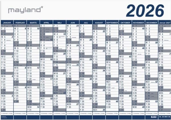 Kæmpekalender 1x13 måneder PP-plast 2026 - leveres i paprør