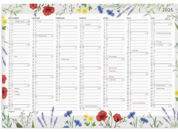 Vægkalender Blomster A4 med 14 måneder 2025
