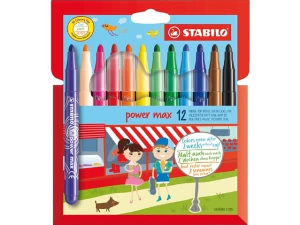 Stabilo Power Max Børnetusch 12 farver - 3mm streg - kan tåle at ligge uden hætte i op til 8 uger uden at tørre ud